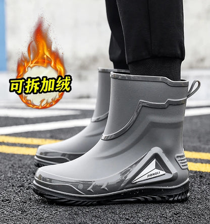 Autumn and winter non-slip rain boots for men warm rain boots, velvet waterproof shoes, kitchen plastic work shoes fishing shoes