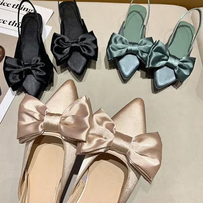 2024 Summer Women Baotou Sandals Fashion Bow-knot Low Heels Pumps Female Silk Sexy Pointed Sandalias De Mujer Women's Shoes