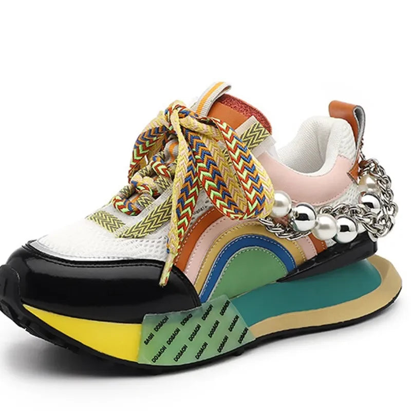 Women 5cm Genuine Leather Sneakers Lace Up Rainbow Colors Platform Pearls Chain Patchwork Fashion Girls Breathable Running Shoes