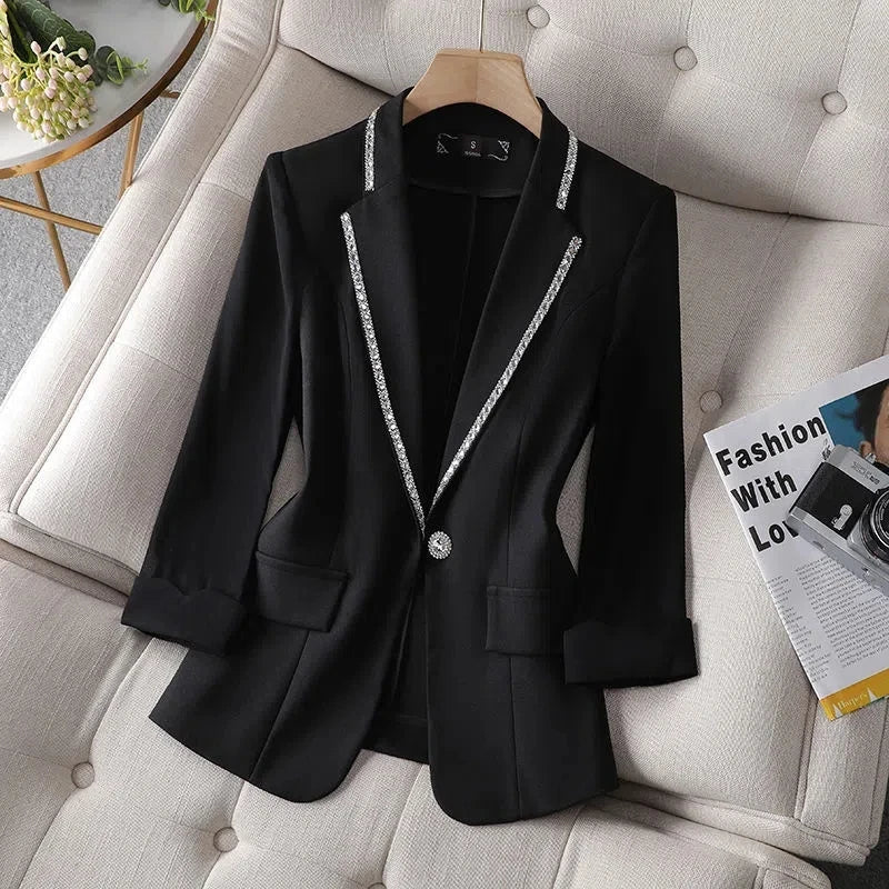 Diamond-Encrusted Suit Female 2023 Spring Summer New Seven-Point Sleeve High-Grade Small Coat Design Sense Niche Fashion Suit XZ