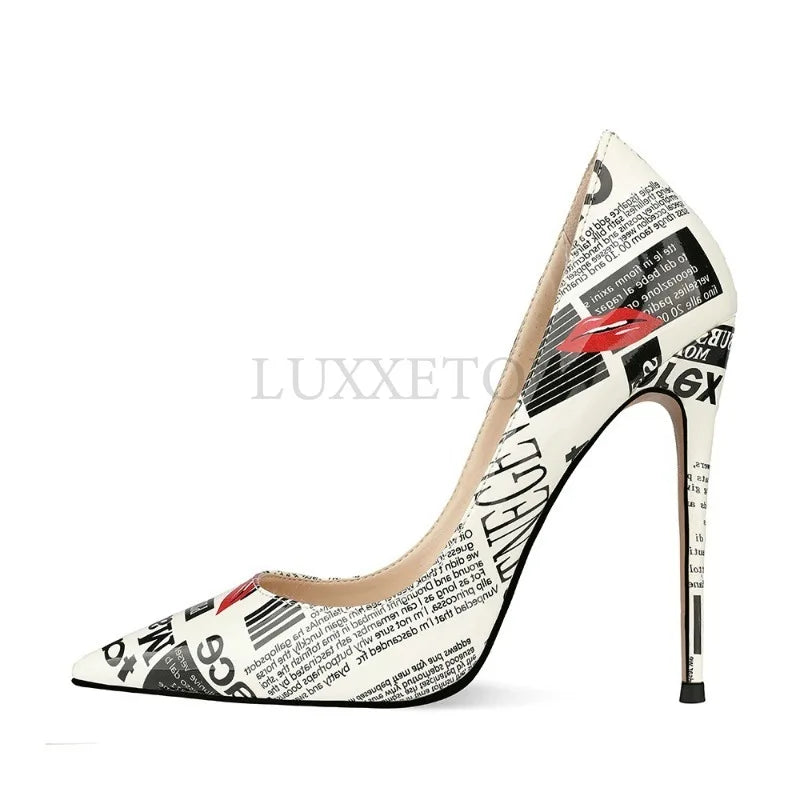 12cm Graffiti Ultra-high Heels Pointed Street Photos Fashion Shows Princess Shoes Casual and Versatile Women Shoes 34-44