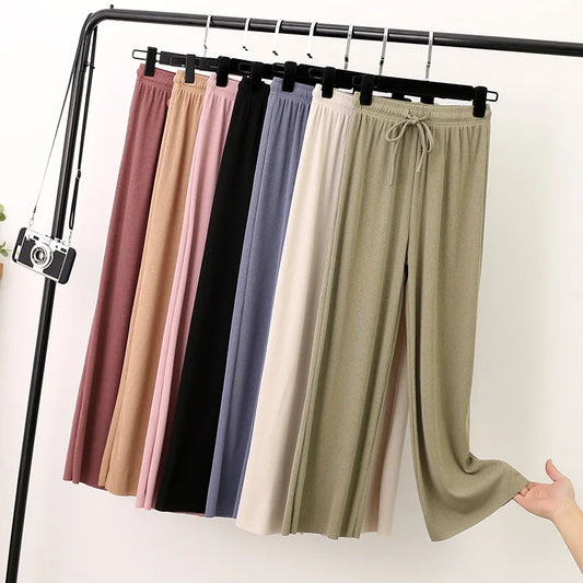 Women Long Pants 2024 Spring Summer Straight Long Elastic Waist Wide Leg women long trousers Casual Soft Knitted Pants