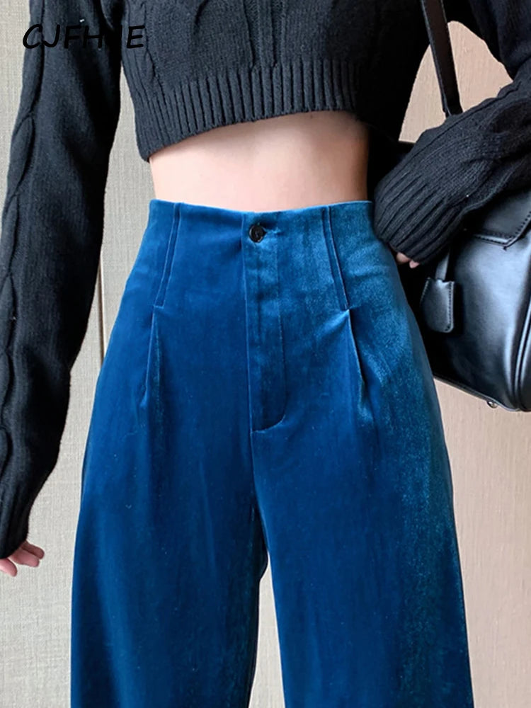 CJFHJE Winter Blue Velvet Elegant Pants Women Black Casual Korean Style Wide Leg Pants Loose Fashion High Waist Trousers Female