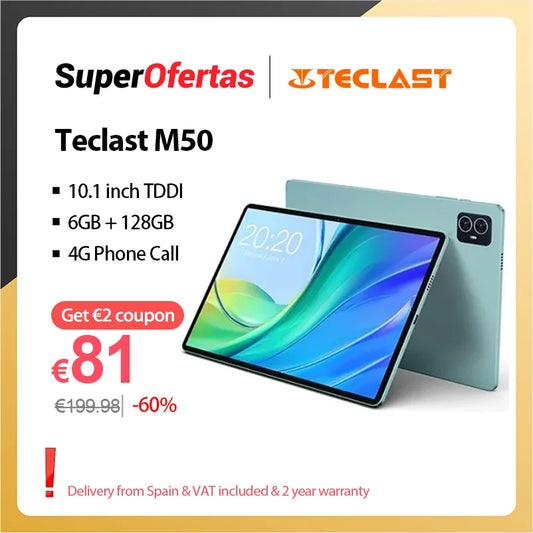 Teclast M50 Tablet Android 13 T606 6GB RAM 128GB ROM 10.1 "Tablet PC Incell completamente laminato VoLTE Dual 4G 13MP AI Camera