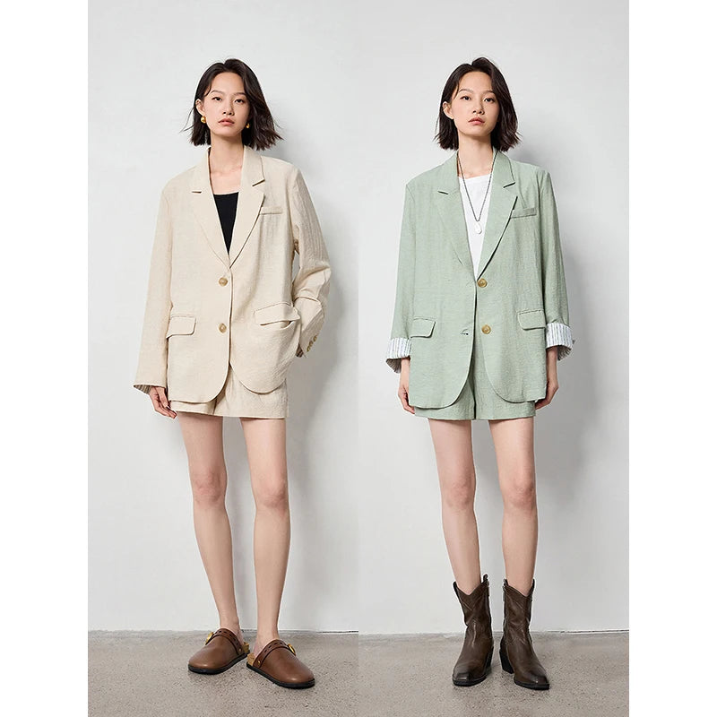 TOYOUTH Women Blazer 2024 Summer New Linen Office Lady Turn Down Collar Working Wear Jacket Coat