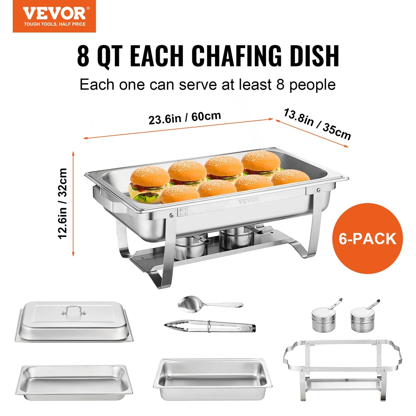 VEVOR 8QT Rectangle Chafing Dish 2/4/6 Packs w/ Full Size Pans Buffet Catering Warmer Server Folding Stand Fuel Holder Tray