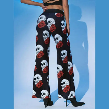 Y.KUKU Autumn Women Long Pants Brand Drawstring Loose Knitted Gothic Skull Printed Y2K High Waist Pants Trousers Female