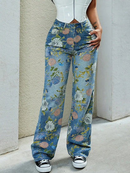 90s Vintage High Waist Floral Print Slant Pocket Baggy Loose Fit Wide Leg Cargo Jeans Country Festival Outfit