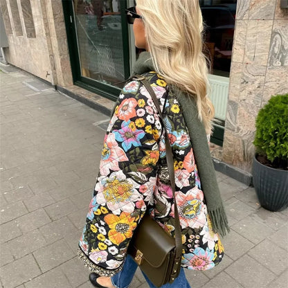 2023 Fashion Autumn and Winter Elegant and Warm Cotton Jacket Thick Long Arm Inspirational Flower Women's Long Arm Cotton Coat