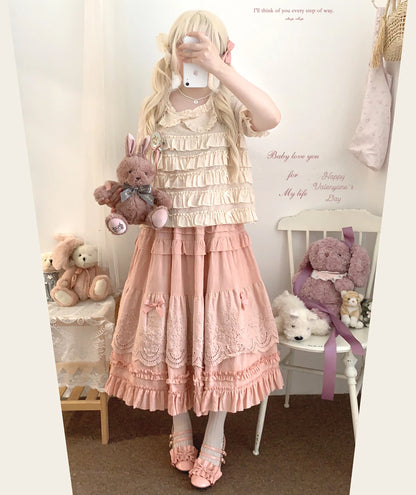 Japanese Mori Artistic Style Embroidered Lace Bow Ruffled Elastic High Waist A-line Retro Casual Lolita Long Skirts for Women