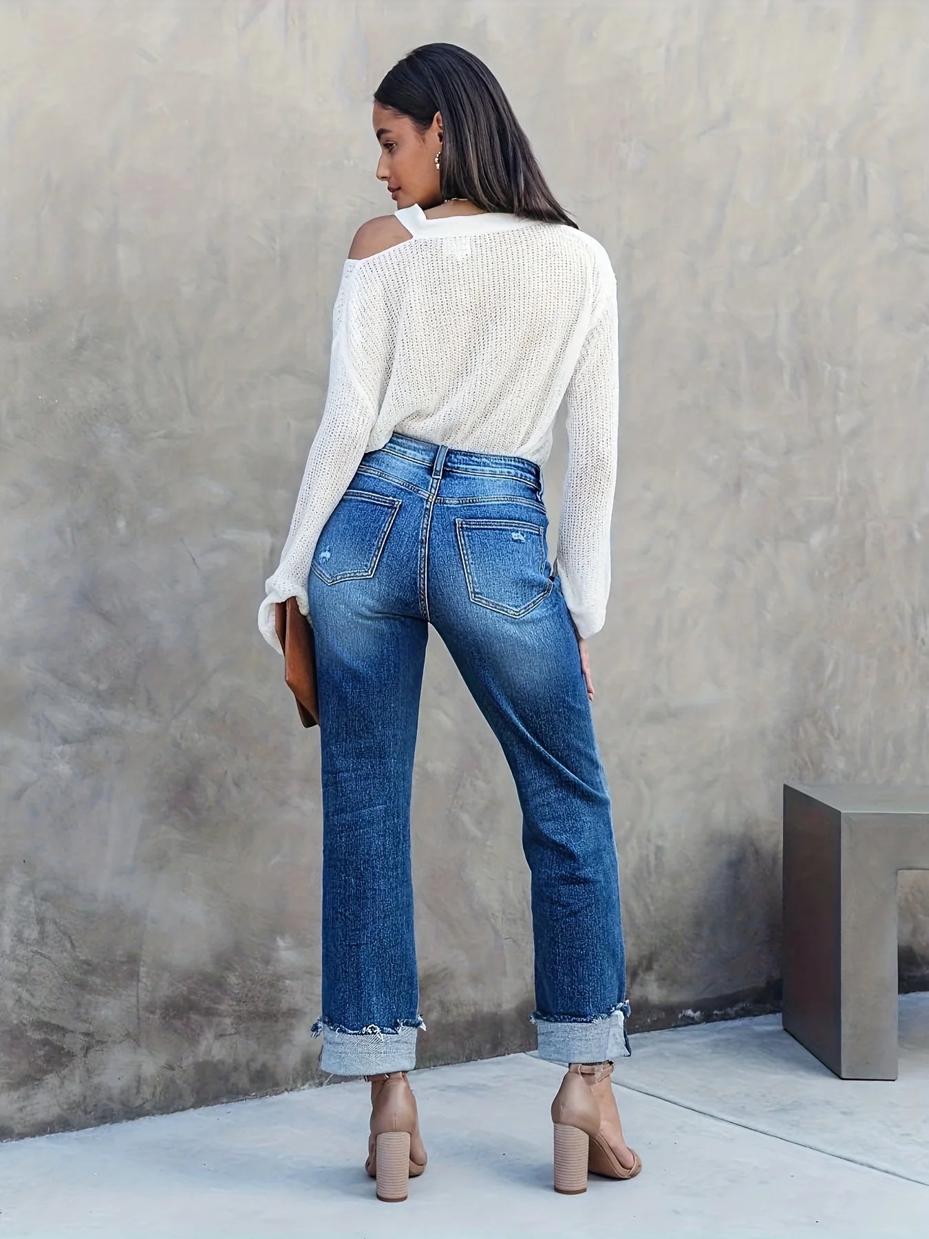 Asymmetrical Waist Casual Straight Jeans, Loose Fit Rolled Hem Denim Pants, Women's Denim Jeans & Clothing