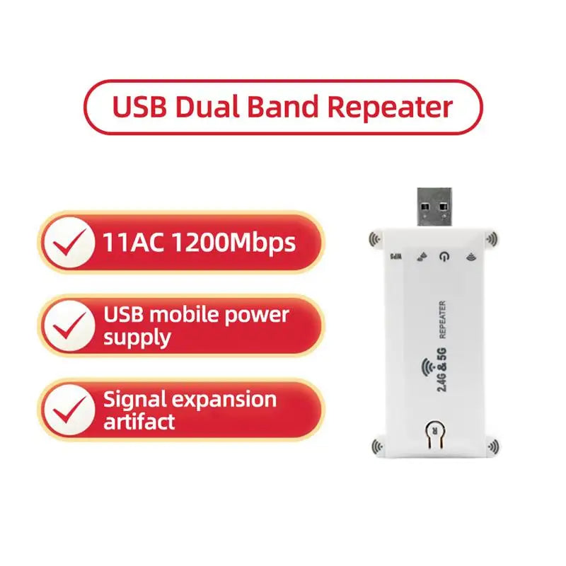 Usb Wifi Extender Repeater Dual Band 1200M Portable Wireless Signal Amplifier Wifi Booster USB Power Supply Wide Coverage