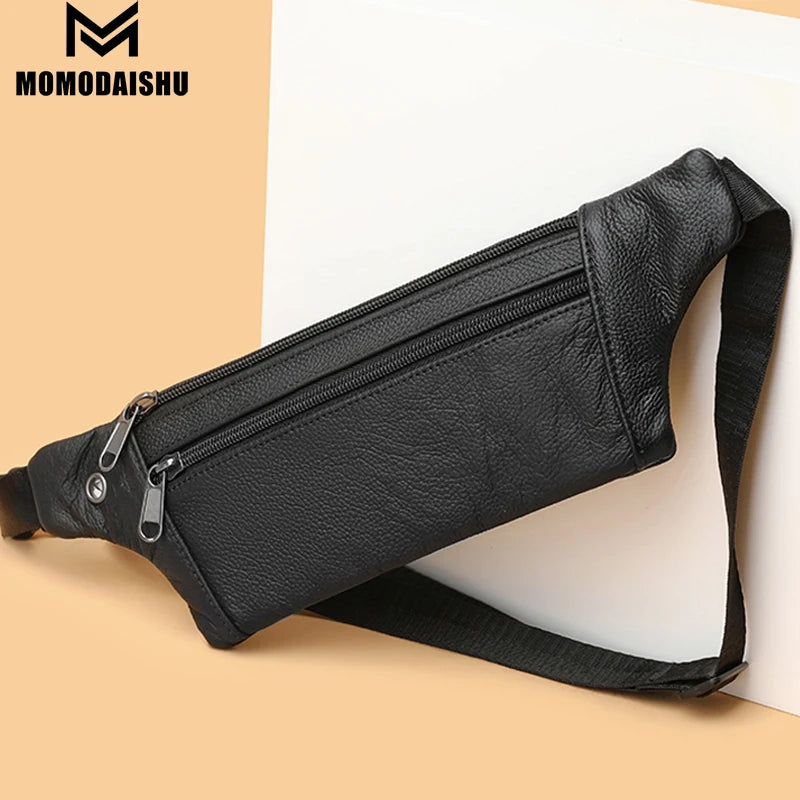 Genuine Leather Waist Bag Men Chest Pack Ultrathin Belt Bag Men Chain Waist Bags For Phone Pouch Sports Bag