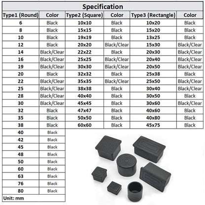 PVC Table Chair Leg Tips Caps Floor Protector Non-slip Floor Square Rubber Feet Pads Black 10x10mm~60x60mm