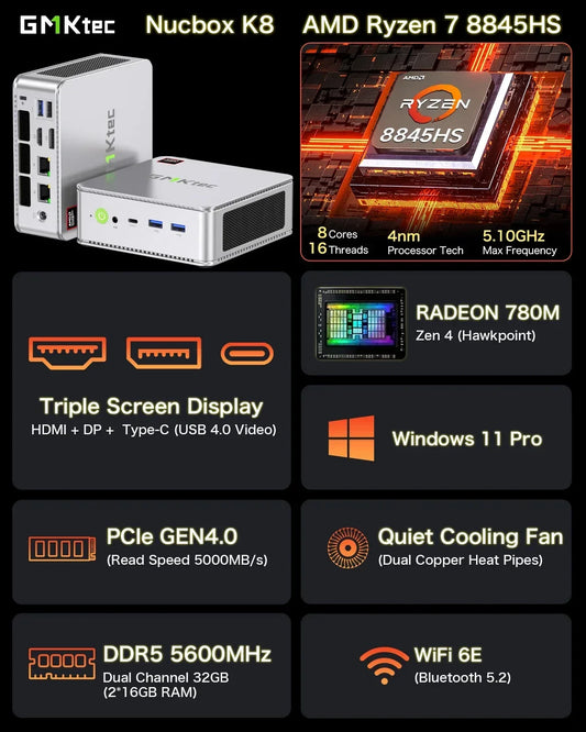 GMKtec K8 AMD Ryzen 7 8845HS Mini PC Windows 11 DDR5 5600Mhz PCIe4.0 Nvme SSD WIFI6 BT5.2 Mini PC Gaming Triple Screen Display