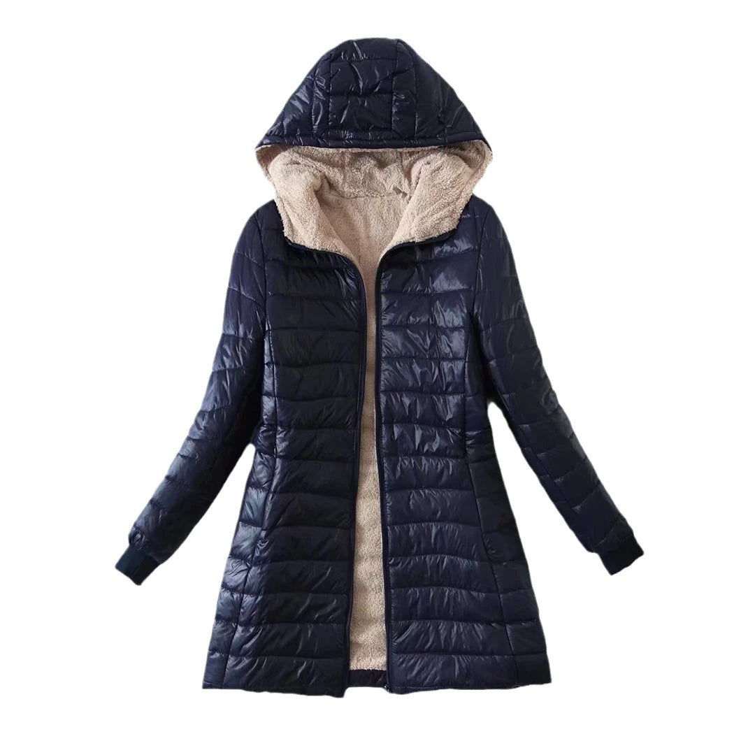 2023 New Autumn and Winter Korean Style Mid-length Hooded Cotton Coat for Women Lambswool Warm Cotton Coat and Velvet Jacket Top