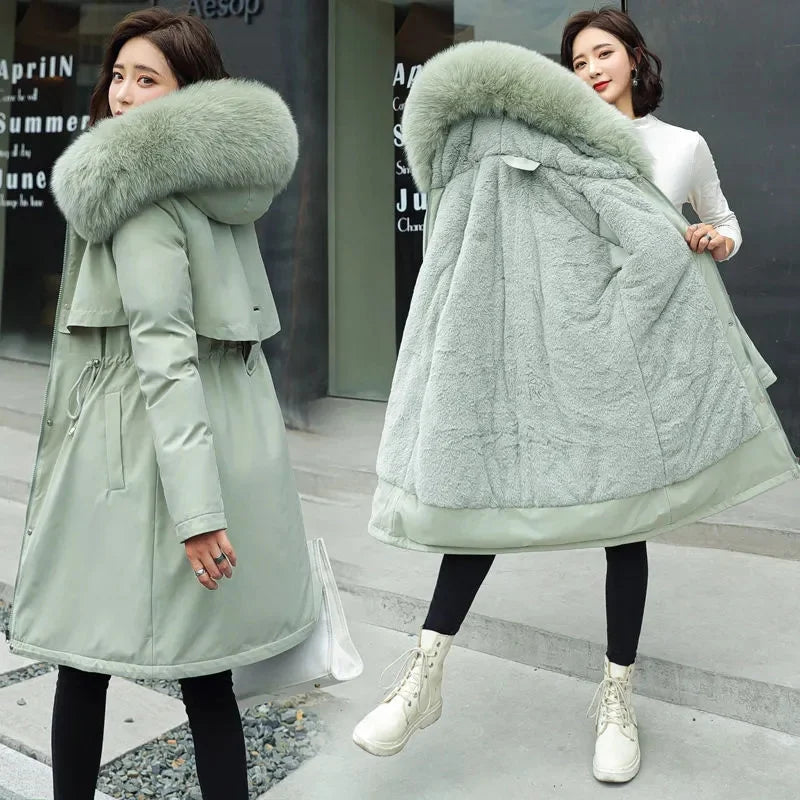 Winter Jacket 2024 New Women Parka Long Coat Wool Liner Hooded Jacket Fur Collar Thick Warm Snow Wear Padded Fashion Parka