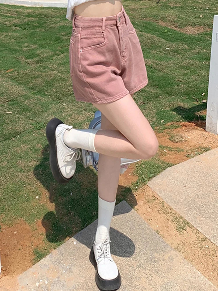 2024 Summer Female High Waist Korean Short Jeans Lady Fashion Casual Denim Pants Woman Blue Beige Pink Students Wide Leg Shorts