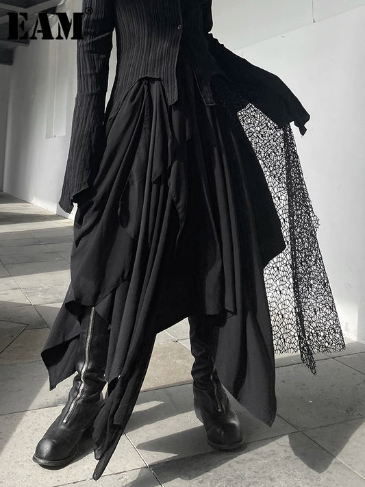 EAM High Waist Irreuglar Hem Design Chiffon Long Black Half-body Skirt Women Fashion Tide New Spring Autumn 2024 1DF8319