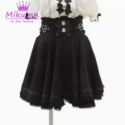 Mikumn Harajuku Lolita Style Sweet Bow Pearl Buckle High Waist Pleated Skirt Y2k Gothic Girls Japanese Kawaii A-line Mini Skirt