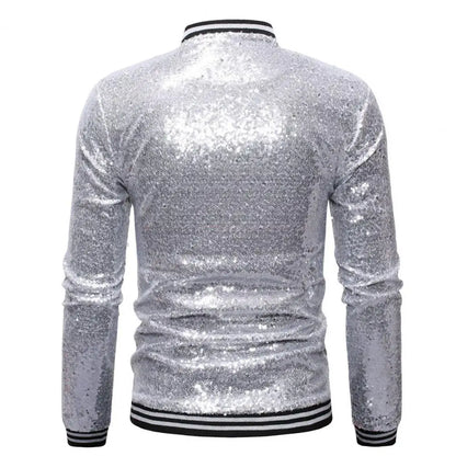 Men Jacket Sequin Stage Show Dance Performance Coat for Men with Stand Collar Shiny Long Sleeves Slim Fit Zipper Closure Mid