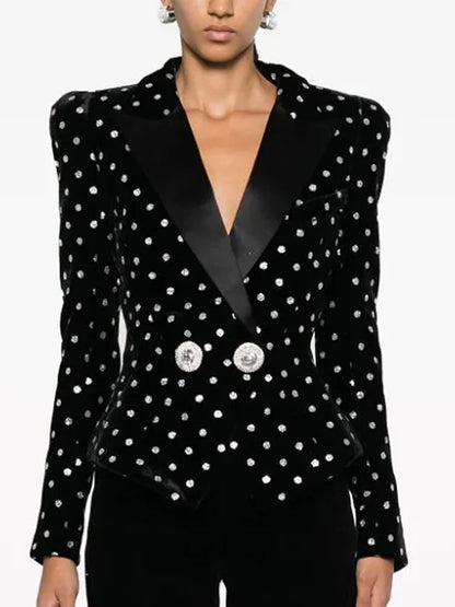 HIGH STREET Newest Fashion 2024 Designer Blazer Women's Shimmer Polka Dot Velvet Blazer