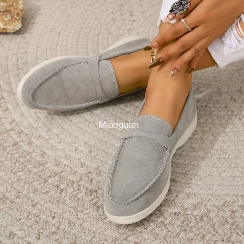 Leather Nude Suede Flats Shoes Women Loafers Spring Autumn Walk Moccasin Metal Lock Tassel Soft Sole Mules Causal Slip on Shoes