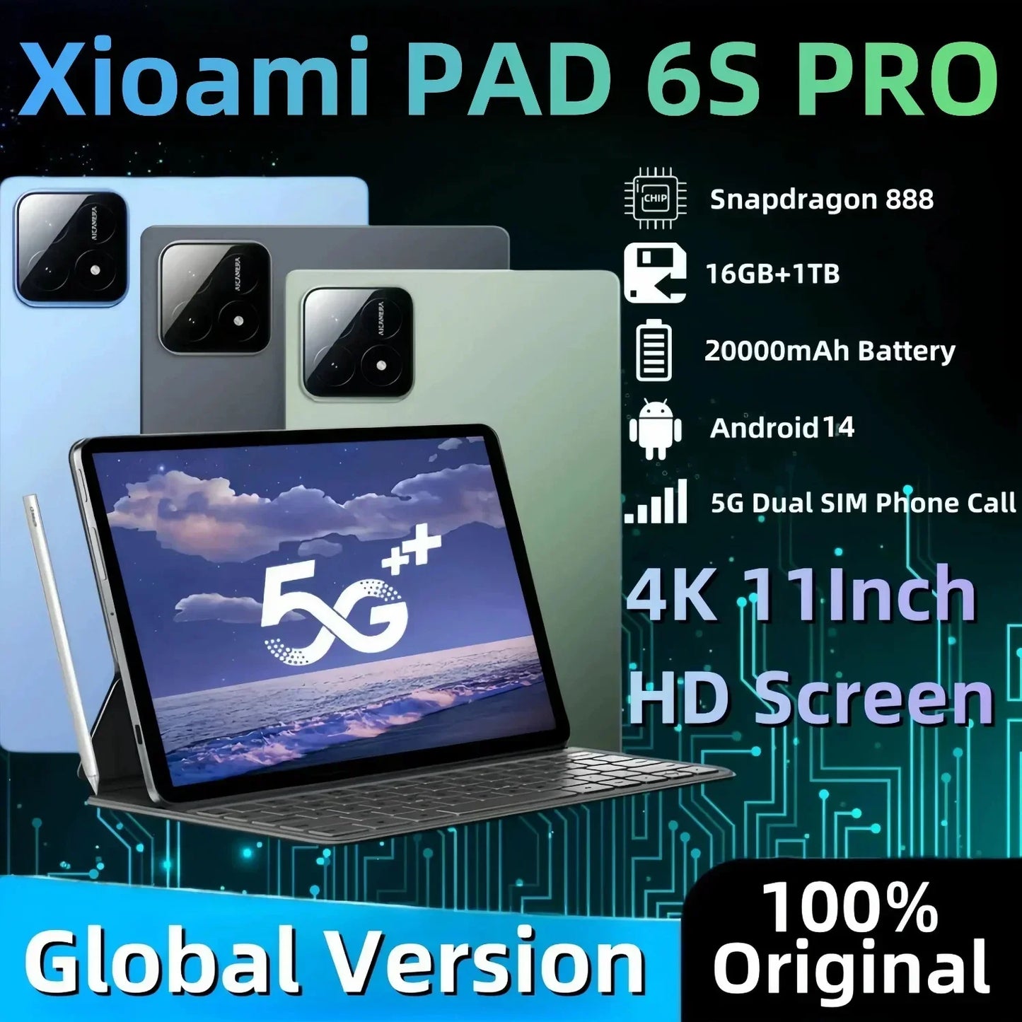 Global Version Original Xioami Pad 6S Pro Tablet 11inch HD 4K Android 14 16GB+1T 20000mAh 5G Dual SIM Bluetooth WiFi GPS Tablet