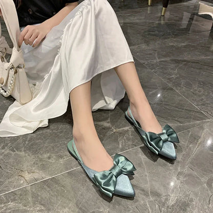 2024 Summer Women Baotou Sandals Fashion Bow-knot Low Heels Pumps Female Silk Sexy Pointed Sandalias De Mujer Women's Shoes