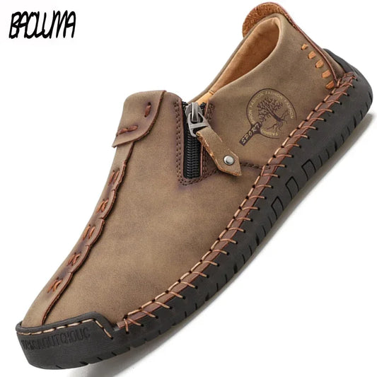 Classic Men's Shoes Leather Men Loafers Flat Spring Autumn Man Moccasins Loafers Breathable Brogue Shoes Zip Flats Men Sneakers