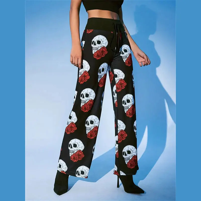 Y.KUKU Autumn Women Long Pants Brand Drawstring Loose Knitted Gothic Skull Printed Y2K High Waist Pants Trousers Female