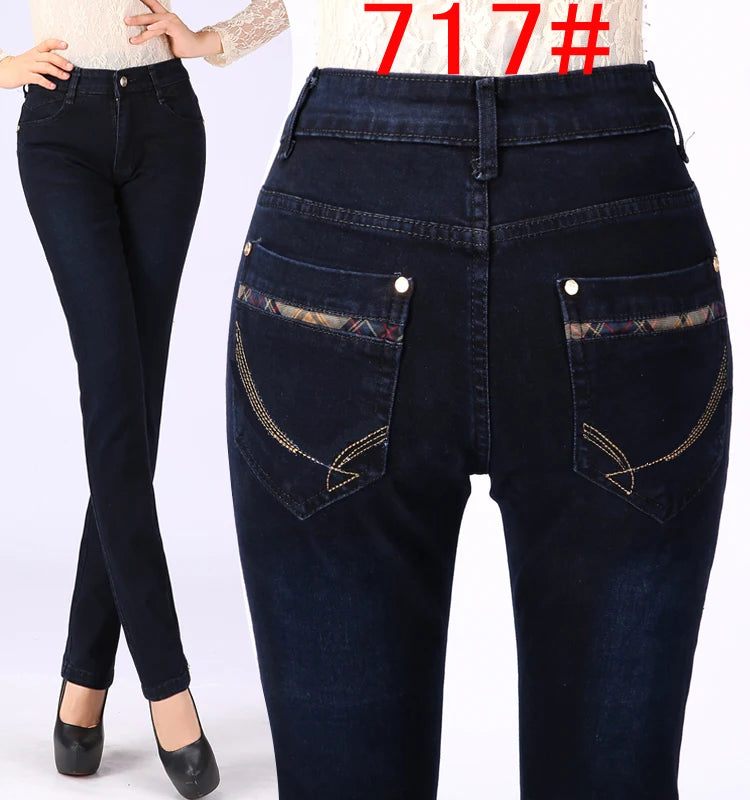 2024 Spring Autumn High waist Jeans Women With pockets Slim Cotton Stretch Mother Denim Trousers Casual Female Straight pants