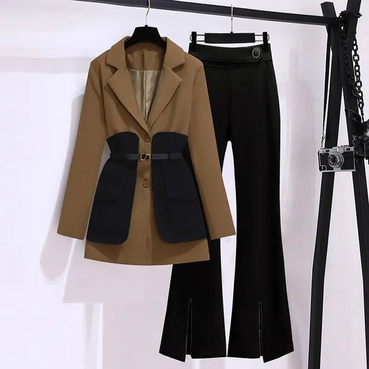 Women's Autumn Winter New Casual Blazers Jacket Matching Set Korean Elegant Midi Suit Coat Pants Two Piece Female Clothing Suits