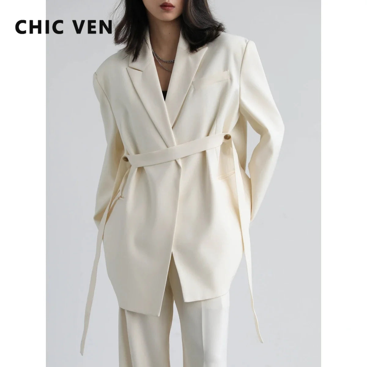 CHIC VEN Women Blazer Design Wide Shoulder Ribbon Solid Women's Medium Long Coat Office Lady Female Overcoat Spring Autumn 2022