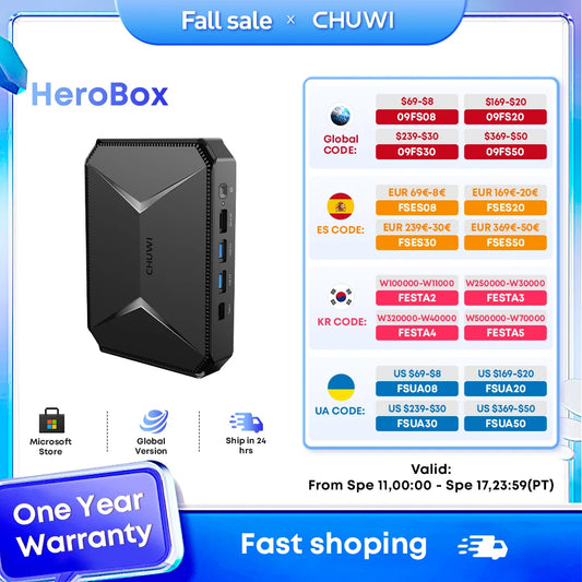 CHUWI Herobox Mini PC Intel 12th Gen N100 Quad Core 8GB RAM 256G SSD WiFi 6 BT5.2 Gigabit Ethernet VESA Up to 2TB SSD Windows 11