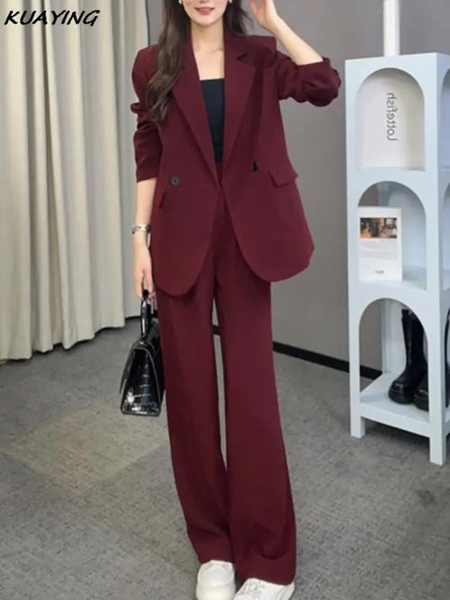 Autumn Burgundy Blazer Pantsuit Korean Fashion Vintage Loose Jacket Pants 2 Piece Set Female Business Casual Trousers Outfit New