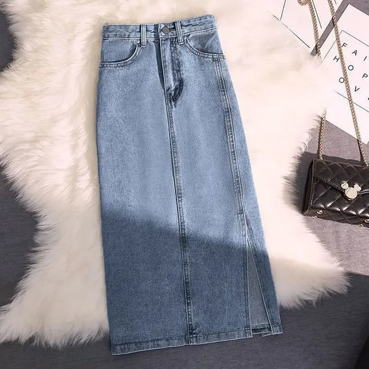 Women's Medium-length Denim Skirt High-waisted Elegant Slimming Side Slit Packed A- line Skirt For Summer New Arrival