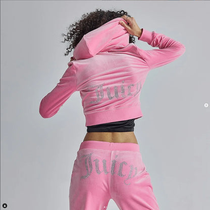 Juicy Retro Classic Style Velvet Tracksuit Juicy Tracksuit 2 Pc Women Velvet  Sweatshirt and Pants With Diamond Crystals