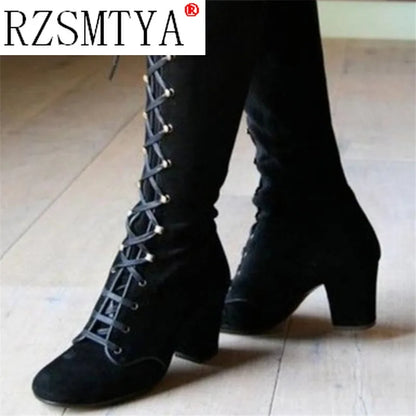 2020 Winter Women Boots Shoes Fashion Vintage Lace-up Boots Women Round Cowboy High Heels Booties Shoes Woman Botas Mujer A031