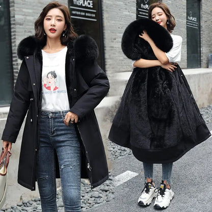 Winter Jacket 2024 New Women Parka Long Coat Wool Liner Hooded Jacket Fur Collar Thick Warm Snow Wear Padded Fashion Parka