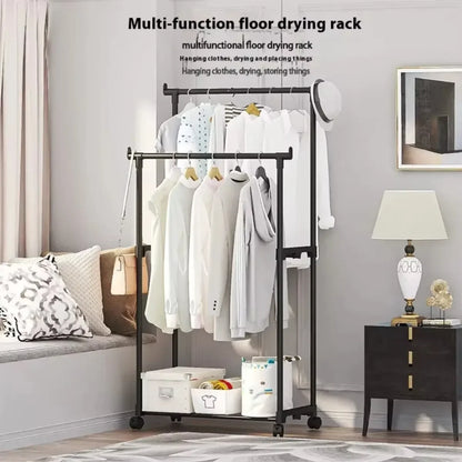 Simple Wheeled Coat Rack Double Simple Rod Clothes Coat Shelf Bedroom Hanging  Rack Roll Floor-Stand Telescopic Storage Clothes