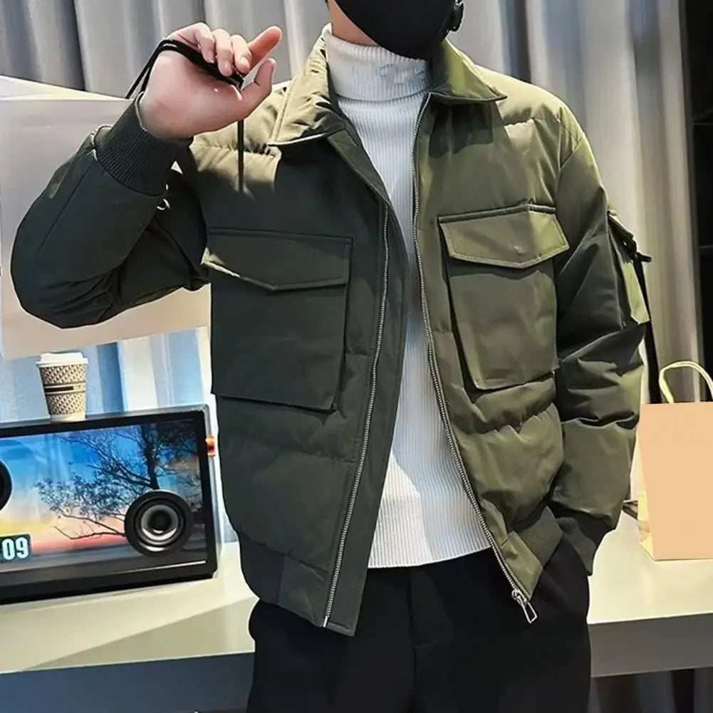 Zipper Jacket Men's Solid Color Zipper Closure Jacket with Lapel Buttons Multiple Pockets Casual Hip Hop Streetwear for Smooth