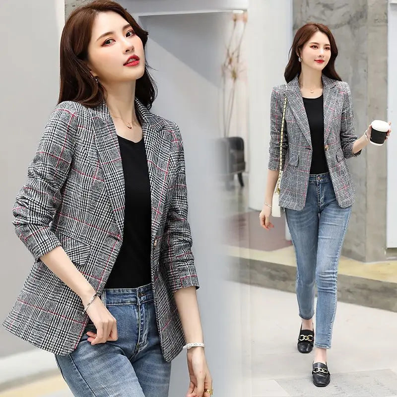 Ladies New Fashion Lattice Suit Blazer Women Clothing Woman Office Wear Casual Nice OL Jacket Female Girls Coats PA1200