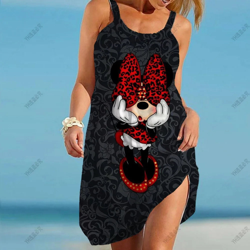 Dress Mickey Y2k Sleeveless Dresses for Women 2024 Sling Elegant Boho Party Minnie Mouse Summer Woman Loose Beach 3D Print Sexy