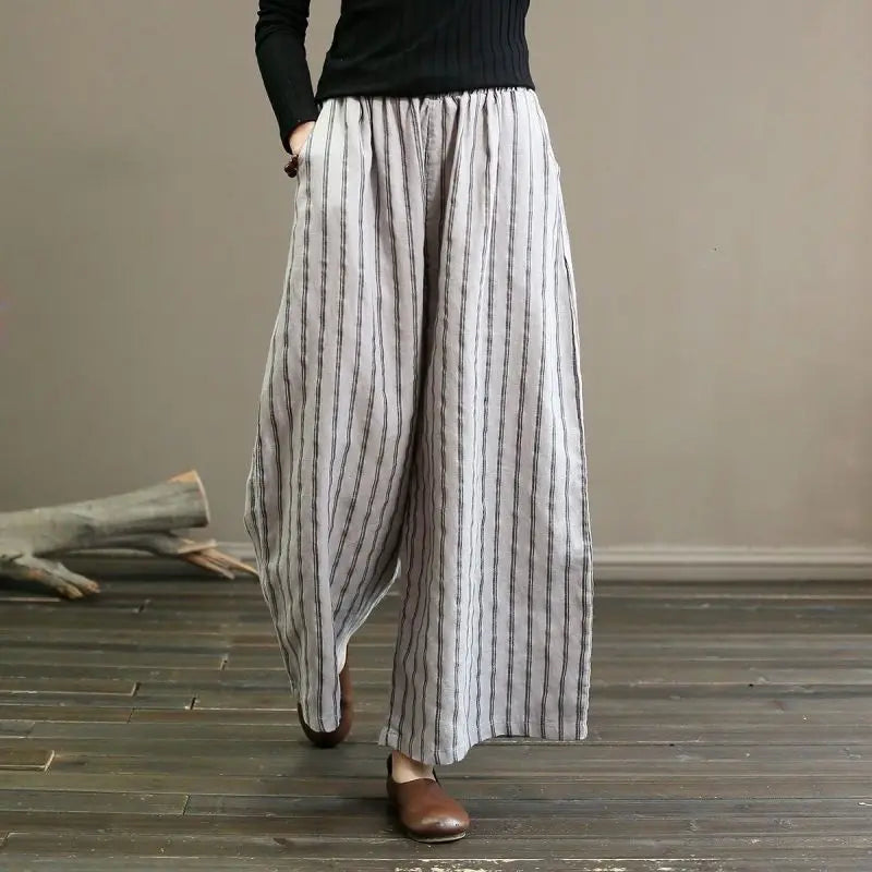 2024 New Spring and Summer Vintage Fashion Versatile Casual Loose Cotton and Hemp Stripe Nine Split Wide Leg Pants for Women