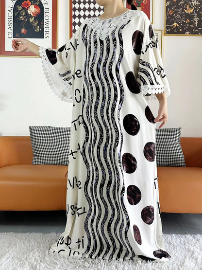 2023 Summer Party Dress Short Sleeve With Big Scarf Shinning Printing Floral Loose Boubou Maxi Islam Women African Abaya Clothes