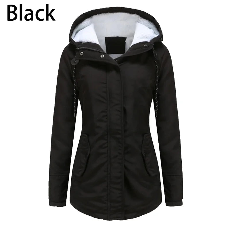 Fashion Women's Thickened Coat Warm Winter Solid Plush Thickened Long Jacket Outdoor Hiking Hooded Windproof Parka Coat