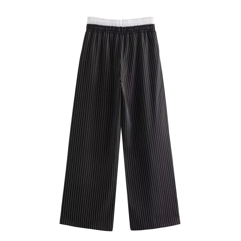 TRAF Striped Black Wide Leg Pants Women High Waist Baggy Pants Woman Fashion Casual Elastic Waist Women's Pants Summer Trousers