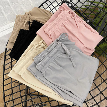 Women Ankle-Length Wide Leg Pants Casual Summer Solid Elastic Waist Loose Ice Silk Pants Spring Summer Female Trousers