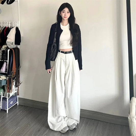 High-waisted Washing White Jeans Women's Loose-fit Slimming Draped Long Pants American Style Streetwear For Autumn Winter